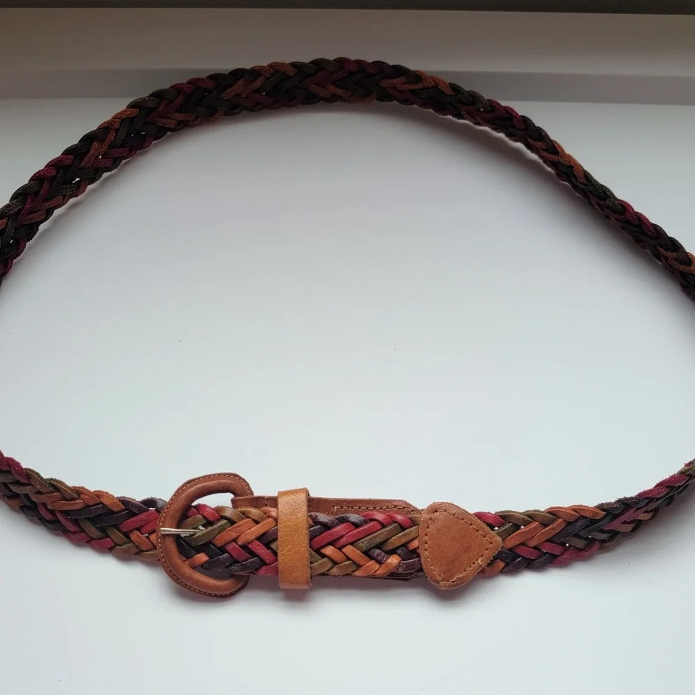 Brown Multi Colored Braided Leather Belt‎ Boho Woven Made in USA Size Large